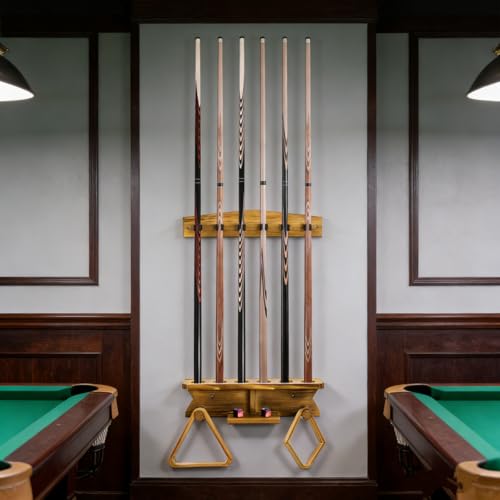 Pumtus Wall Mount Pool Stick Holder, Wood Billiard Cue Rack for 6 Cues Storage & 2 Ball Racks, Sturdy Hanging Pool Cue Rack, Pool Table Accessories Equipment Organizer for Game Room, Bar