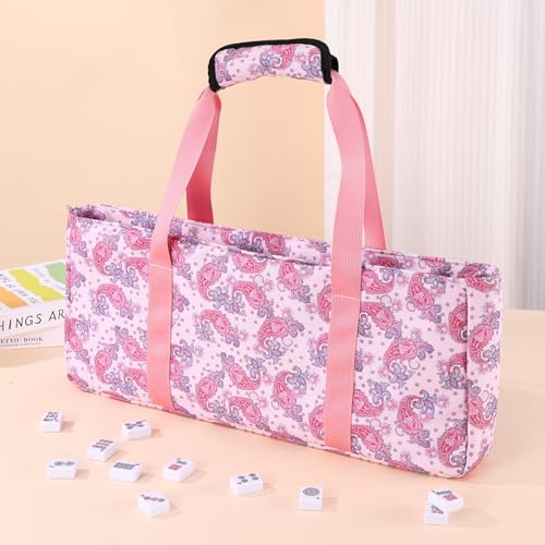 Mahjong Tote Bag for Tiles Racks & Pusher - Pink Printed Empty Mahjong Bag Set, Stylish Gift Bag for Girls’ Night & Post-Brunch Games (Case Only) - color: Pink Paisley Printed
