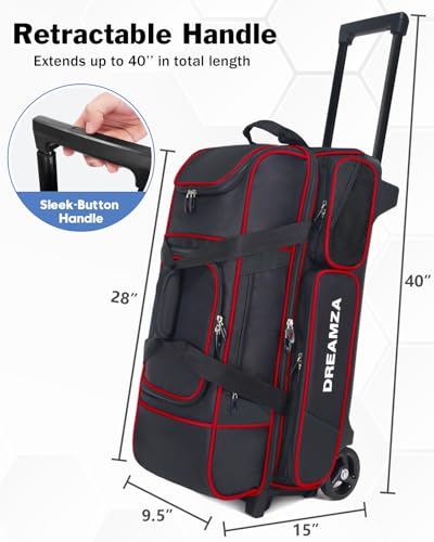 3 Ball Bowling Bags with Wheels & Shoe Pocket, Premium Bowling Ball Bag 3 Ball Roller, Effortless-Rolling 3 Ball Bowling Bag w/Multi-Storage Pockets & Telescopic Handle Extends to 40'' - color: Red