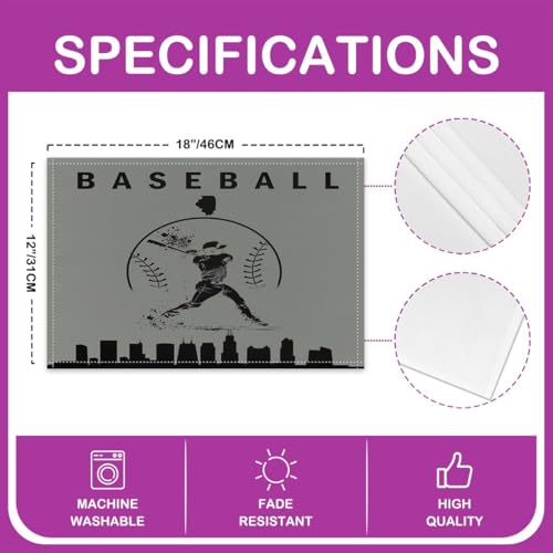 Erosebridal Baseball Placemats Set of 4 Sports Games Place Mat Softball Placement Mats Athlete City Silhouette Table Mats for Dining Table Setting, Grey Black - color: Grey Black