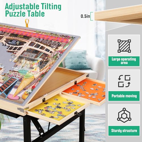 Puzzle Table with Drawers and Folding Metal Legs, 1500 Pieces Portable Puzzle Board with Cover, No Assembly Required, 3 Adjustable Tilting Angles, Easy to Move, Birthday Gift for Mom Seniors