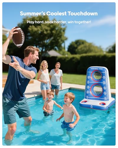 QPAU Inflatable Football Toss Game for Pool β Water Football Target with 4 Balls & 2 Pumps, Dual Net Design, Stable Base, Summer Pool Game for Kids & Adults (Blue+White) - color: Blue+white