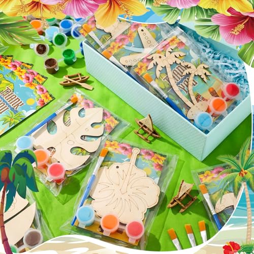 Saypacck 24 Pcs Hawaii Party Favors Wooden Painting Craft Kits Birthday Party Supplies with Organza Bag for Goodie Bags Fillers Adult Thank You Gifts - style: Hawaiian