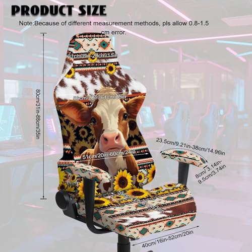 Suobstales Cow Sunflower Aztec American Tribal Pattern Gaming Chair Covers with Armrest Covers, Elastic Computer Chair Slipcovers Stretchable Washable Gaming Chair Seat Cover - color: Cow Sunflower Aztec American Tribal