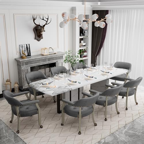 Set of 4 Dining Chair with Casters, Accent Captains Chairs with Wheels & Arms,Wheeled Roller Wood Chairs for Kitchen & Game Poker Table,Grey 1318GY(NO Table!) - color: Antique Grey&gray