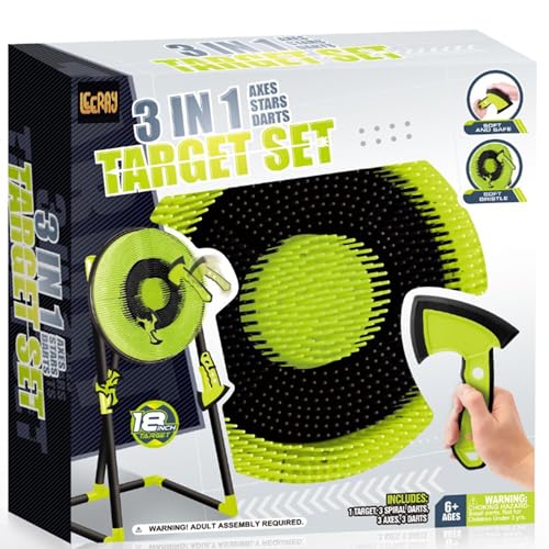 Leeray 3-in-1 Bristle Target Board Game – Axe Throwing Game for Backyard with Throwing Axes, Soft Tip Darts, and Ninja Stars – Safe Outdoor Games & Kids Toys for Ages 6+