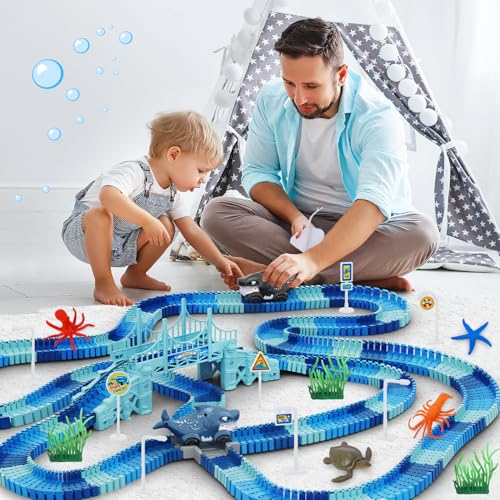 Track Race Car Toys for Kids, Create A Ocean World Race Road, Flexible Tracks Playset & 2PCS Cool Shark Cars, Toddler Toys Birthday Gifts for Age 3 4 5 6 Year Old Boys Girls - color: Blue-shark