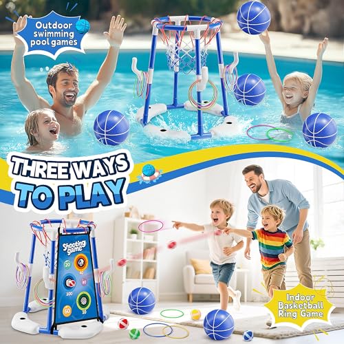 3 in 1 Pool Basketball Hoop & Ring Toss Game for Kids 4-8 8-12 - Floating Pool Toys Set with 4 Basketballs, 12 Rings, 2 Target Boards, 12 Bean Bags, Pump - Backyard Swimming Pool Summer Birthday Gift - color: blue