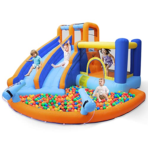 JOYLDIAS Inflatable Water Slide Bounce House,Giant Water Park, Double Slide Bouncer Castle w/Splash Pool, Jump Area, Climbing Wall, 550W Air Blower for Kids Backyard Indoor Outdoor Use,Free Water Gun - color: 6 in 1