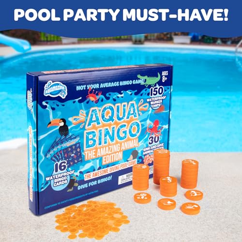 Pool Bingo Diving Game for Kids- Summer Party Fun Edition Toy- Dive & Call 30 Sinking Animal Themed "Numbers", Fill Your Card- 150 Marker Chips & 16 Double Sided Waterproof Play Cards & Carrying Bag - style: Animal
