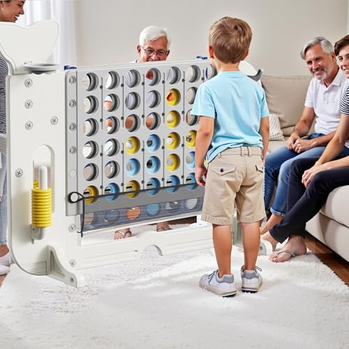 4-to-Score Giant Game Set, 4-in-1 Indoor Outdoor Yard Family Connect Game (4-in-a-Row + Basketball + Ring Toss + Mini Golf), Height Adjustable 2.5–3.3FT, Includes Carry Bag - size: 56"x19"x49"-White&Gray