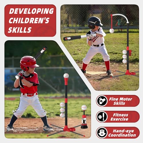 Wee Wonders 4 in 1 T-Ball Sets for Kids 3-5 with Toss and Catch Ball, Toddler Baseball with Auto Pitching Machine/6 Balls, Outdoor Sport Toys Gifts for Boys Girls
