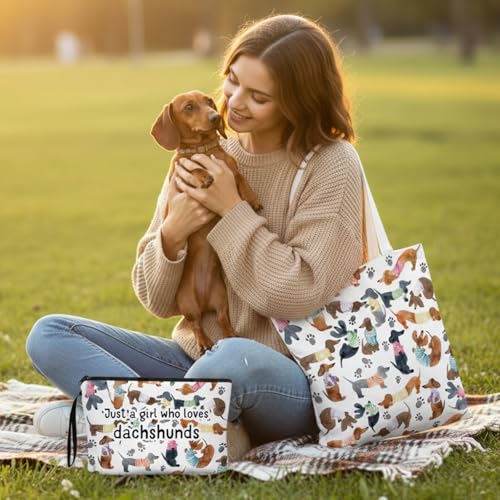 Sieral 2 Pcs Animal Lover Bag Gift for Women Travel Canvas Tote Portable Zipper Pouch Canvas Reusable Grocery Tote - style: Dachshund