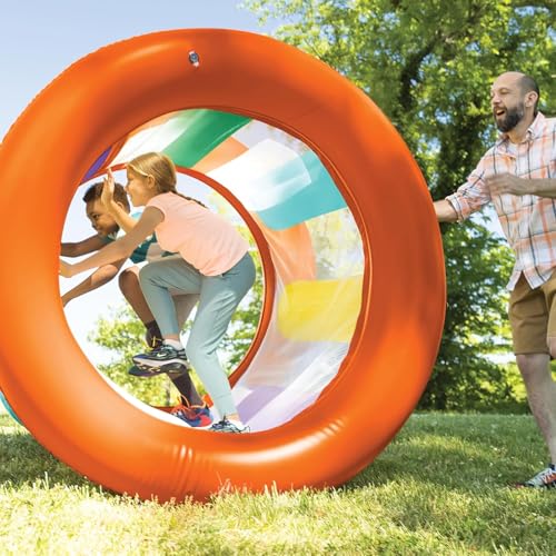 HearthSong Roll with It! 2.0 Giant Inflatable Rainbow Land Roller with Mesh Interior for Active Outdoor Play, 67" Outer Diam. x 45" Inner Diam., Holds up to 300 lbs.