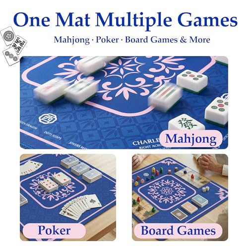 Blue Mahjong Mat for Table, American Mahjong Mat with Rules, 32.4x32.4 in 3MM Non-Slip Noise-Reducing Neoprene Table Cover with Carrying Bag for Mah Jongg, Poker, Card Games - color: Blue With Rules
