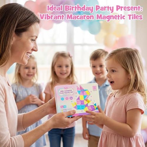 burgkidz Travel Magnetic Tiles for Girls : 40 PCS Macaron Mini Magnet Blocks with Pink Tin Box - 120 Mins Quiet Play for Airplane Car Essentials, Present for Girls Ages 3-8 Year Old