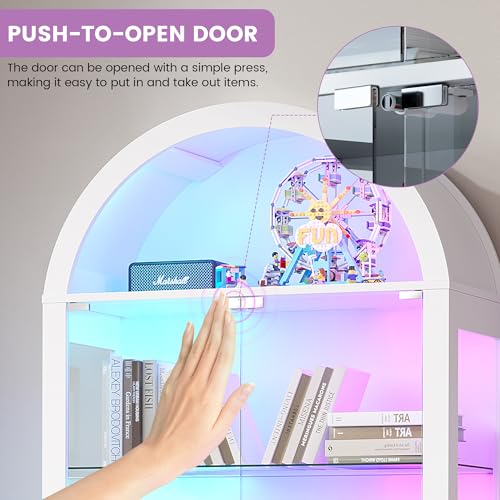Gurexl 5-Tier Arched Glass Display Cabinet, Motion Sensor RGB LED Showcase with Music Sync Light & Adjustable Shelves, Tempered Glass Curio Cabinet for Action Figures Trophies Collectibles, White - color: White-80008a