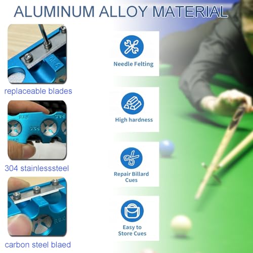 11-in-1 Pool Cue Tip Repair kit, Professional All-in-One Pool Stick Tip Tool for Shaping, Replacement, Maintenance. Tips Shaper & Scuffer kit, Pool Cue Trimmer (Blue Aluminum)