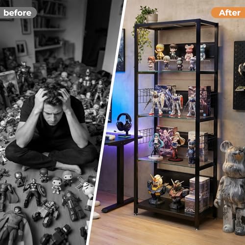 4-Tier Glass Display Shelf for Collectibles, Display Case with LED Lights and Open Glass Storage Shelf, Lighted Tall Narrow Shelf, Metal Curio Cabinet with Hooks for Gaming Room, Living Room, Bedroom - size: 65 x 23.6 x 13.8 in -4-Tier