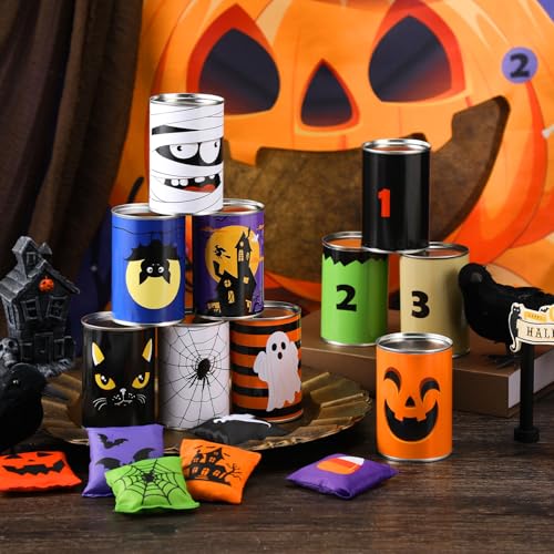 17 Pcs Fall Halloween Carnival Can Bean Bag Toss Games for Kids Thanksgiving Autumn Party Throwing Game Set with Background for Adults Indoor Outdoor Party Toy Accessory - style: Halloween