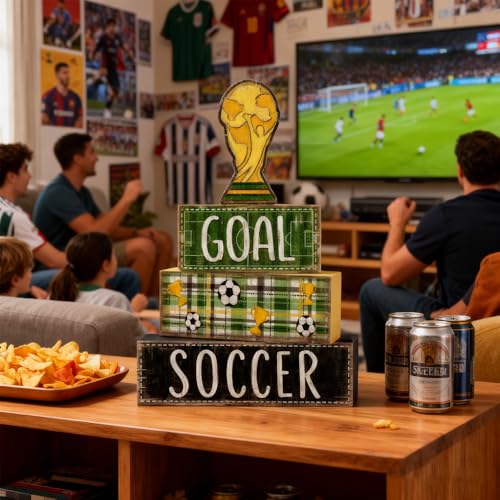 DIYDEC 4Pcs Soccer Tabletop Decorations Wooden Trophy Block Signs Gift Rustic Football Tiered Tray Decor Soccer Centerpiece World Cup Table Sign for Home Office Tabletop Fireplace Party Decor - style: Soccer Trophy