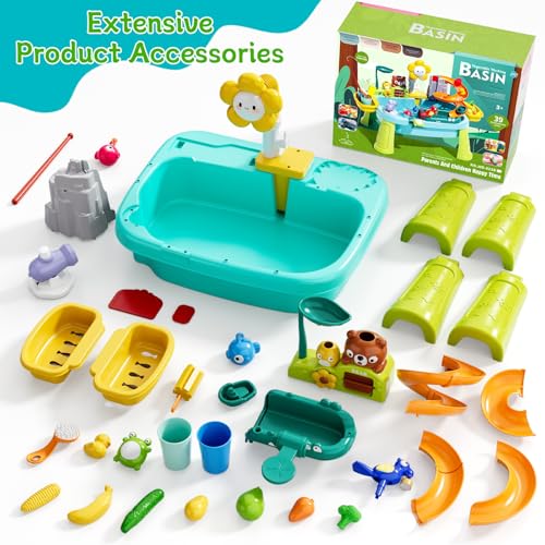 4-in-1 Kids Play Sink with Running Water, Mini Water Table with Detachable Legs, Upgraded Faucet and Dishes, Children Electric Dishwasher Toy, Kitchen Sensory Set (Blue)
