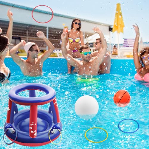Jasonwell Pool Toys Games Set - 3 in 1 Pool Volleyball Net Basketball Hoop Ring Toss Game Inflatable Floats Water Floating Volleyball Swimming Pools Games Party Gift for Kids Adults (Red&Blue, L) - color: Red&blue, size: Large