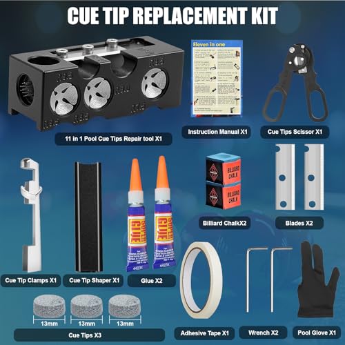 Billiards Pool Cue Tip Shaper, 11-in-1 Pool Stick Tips Replacement Kit, Billiards Accessories Tool, Table Accessories for Repair and Shaping Cue Tips (Aluminum)