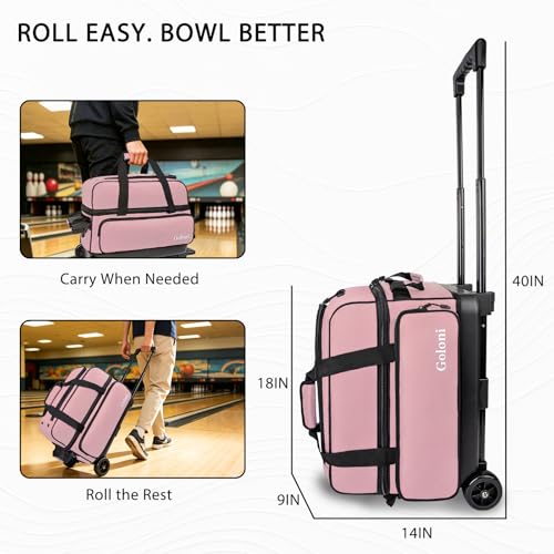 Goloni Double Roller 2 Ball Bowling Bag with Separate Shoe Compartment,2 Ball Bowling Bag with Wheels,Retractable Handle Extends to 40" - color: Meat pink