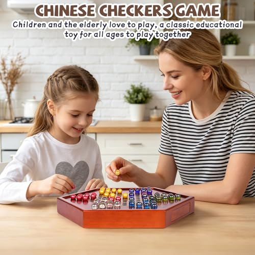 15 Inch Wooden Chinese Checkers Board Game Set with 72 Glass Marbles – Classic Strategy Marble Game with Dual Storage Drawer, Large Family Board Game for Adults, Travel & Indoor Game