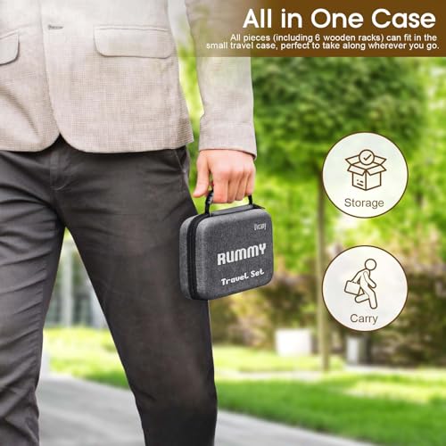 Mini Travel Rummy Cube Set with 6 Wooden Racks, 160 Rummy Cube Game Tiles Rummy Cube 6 Player Edition with Portable Case for Family Classic Board Games - Travel Edition