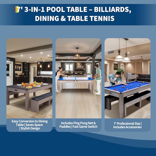 7FT 3-in-1 Pool Table - Convertible Billiard, Dining Table & Ping Pong | Includes Rolling Storage Cart, Cue Sticks, Balls, Table Tennis Set | Space-Saving Game Table for Home & Game Rooms - color: Blue