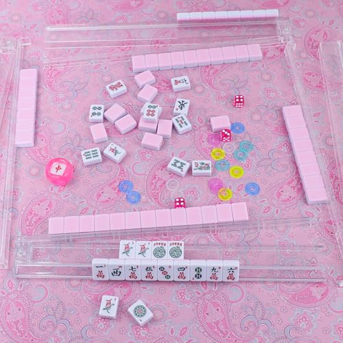 American Mahjong Game Set, 166 Pink Tiles, Pink Bag and Accessories, 4 All-in-One Transparent Rack/Pushers, Mahjong Tiles Set - color: Pink