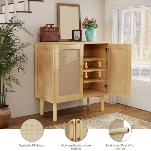 Buffet Sideboard Storage Cabinet with Rattan Decor Doors Solid Wood Feet, Multifunctional Accent Unit with Spacious Tabletop and Inner Shelves for Dining Room Kitchen - Easy Assembly