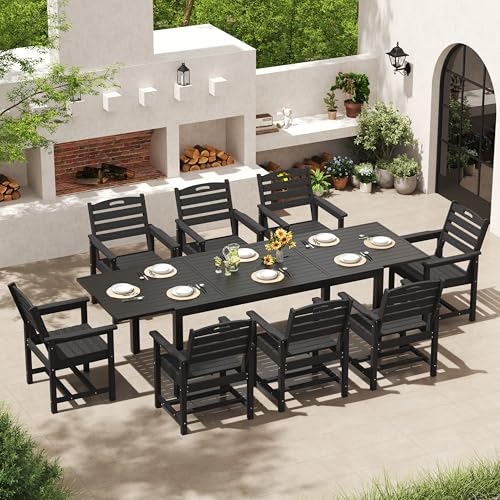 PIZZELLO 9 Pieces Outdoor Dining Set, 106" Extendable Aluminum Patio Dining Table w/ 8Pcs HDPE Patio Chairs, All Weather Outdoor Table and Chairs Sets for Backyard, Garden and Deck - size: 106"Table + 8 HDPE Chairs