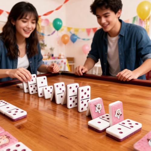 IDTQ Cute Cat Dominoes Set for Adults - Pink Double 6 Dominoes with 28 Tiles, Adorable Cat Print Design - Family Game Night & Gifts for Cat Lovers - color: Pink