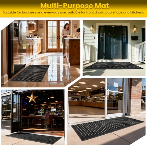 Rubber Door Mat with Holes, 36"x60" Rubber Floor Mat, Heavy Duty Floor Mats for Garage Floor Outdoor Restaurant Kitchen Bar (Black) (36"x60") - size: 60"L x 36"W x 0.4"Th