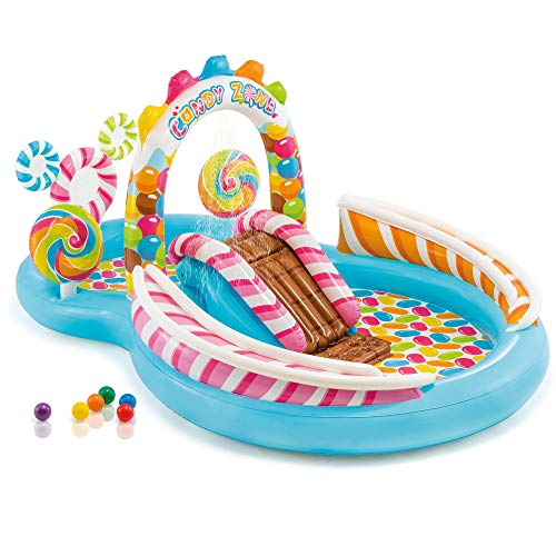 INTEX Candy Zone Inflatable Kiddie Pool: Inflatable Kids Pool with Water Sprayer and Slide – Splash Pad – 116" x 75" x 51" – Ages 3+ - color: Multicolor, size: 116" x 75" x 51"