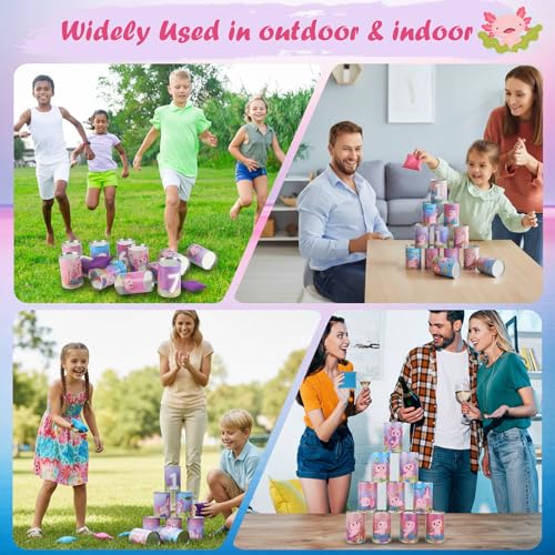 13 Pcs Axolotl Bean Bag Toss Game for Carnival Party, with 10 Tin Cans and 3 Bean Bags, Pink Cartoon Family Party Game for Birthday Festival Indoors Outdoors Activities Supplies
