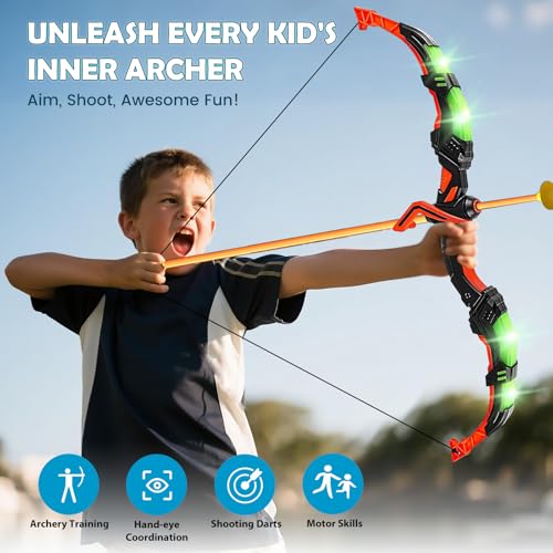 VATOS 2 Pack Bow and Arrow Toy with LED Light - 4 in 1 Archery & Dart Game Set with 20 Suction Cup Arrows, Shark Glow Target & Dart Board - Indoor/Outdoor Birthday Gift for Kids Boys Girls Ages 5-12 - color: Blue