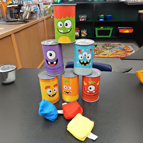 Monster Can Toss Game - Includes Plastic cans and Bean Bags - Carnival Circus Party Games and Halloween Activity for Kids