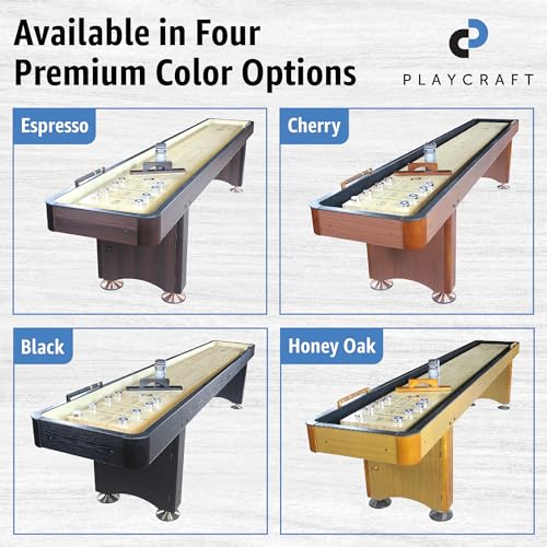 Playcraft Woodbridge Shuffleboard Table with Storage Cabinet - Shuffle Board Game Table Set with Matching Abacus, 8 Pucks, Brush & Wax (Made in USA) - Pro Style Climate Adjusters - color: Black, size: 9 Feet - 1 Piece