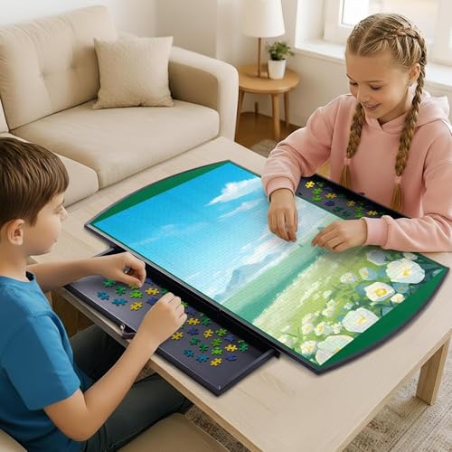 Xubialo 1500pc Rotating Puzzle Board with 2 Drawers & Cover, 25"x34" | Portable metal Spinning Jigsaw Puzzle Table for Adults, Upgraded Lazy Susan, Ideal Gift for Mum