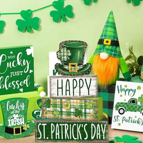 DIYDEC 4Pcs St.Patrick's Day Table Decoration Shamrocks Hat Wooden Block Signs Rustic St. Patrick Tiered Tray Decor Happy St.Patrick's Day Centerpiece Sign for Farmhouse Holiday Tabletop Party Decor - style: St.Patrick's Day Hat