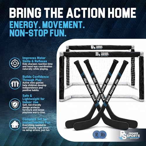 Premier Sports Mini Hockey Set – Complete 4-Player Indoor Kit with (2) Mini Goals, (4) Mini Sticks, and (2) Foam Balls