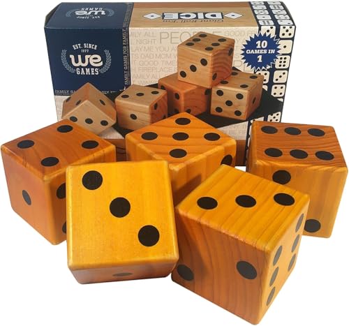 WE Games Giant Roll 'em Dice – 5 Wooden Lawn Dice for Outdoor Games, Yard Fun, and More - Durable 3 x 3 in. Large Dice Set with Black Drawstring Bag and Game Instructions