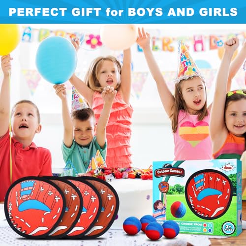 Toss and Catch Ball Game Set for Kids Ages 3-12, 4 Paddles & 4 Sticky Balls, Outdoor Baseball Training Toy for Backyard, Beach, Pool, Birthday Gift for Boys Girls