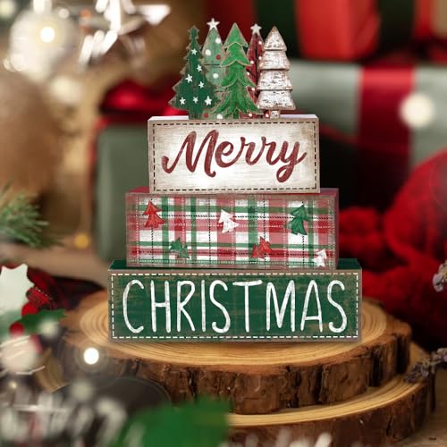 DIYDEC 4Pcs Christmas Table Decoration Green Tree Wooden Block Sign Christmas Tiered Tray Decor Winter Centerpiece Decorative Sign for Xmas Holiday Tabletop Coffee Fireplace Shelf Desk Party Decor - style: Green Tree