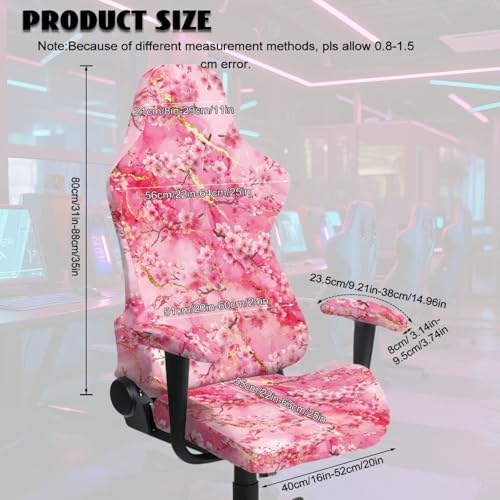 Suobstales Cherry Blossom Marble Pattern Gaming Chair Cover with 2 Armrest Covers, Non Slip Game Chair Cover with Zipper, Dustproof Washable Gaming Chair Seat Cover, Set of 4 - color: Cherry Blossom Marble