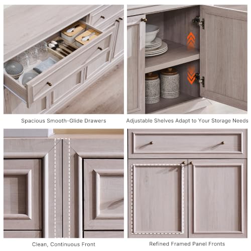 ACCOHOHO Modern Farmhouse Buffet Cabinet, 126" Sideboard Credenza, Modular Storage Cabinet with Framed Panel Fronts, Adjustable Shelves & Dual Base Design, White Alder - color: White Alder, size: 4 Piece